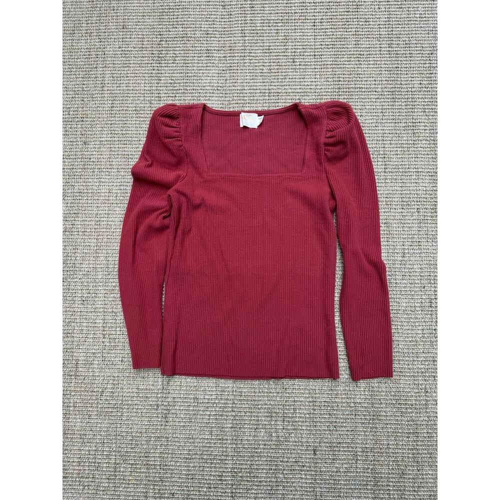 🍒 Nation LTD Ribbed Square Neck Puff Shoulder Top | S | Brick Red